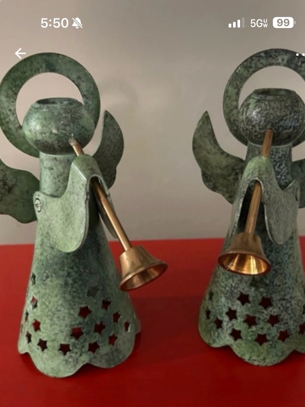 Patina Green Metal Angel Figurine with Brass Trumpet - Decorative Pair